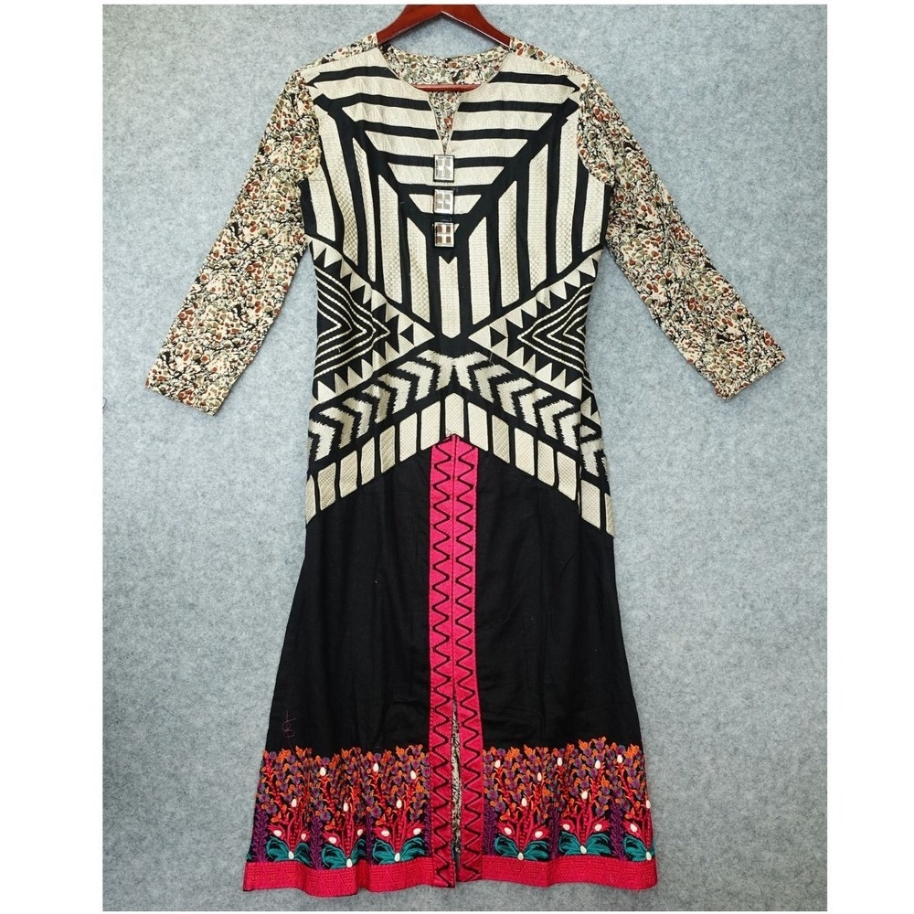 Boho Folk Kurta Dress Womens LARGE Black Pink Ethnic Festival Tunic Embroidered